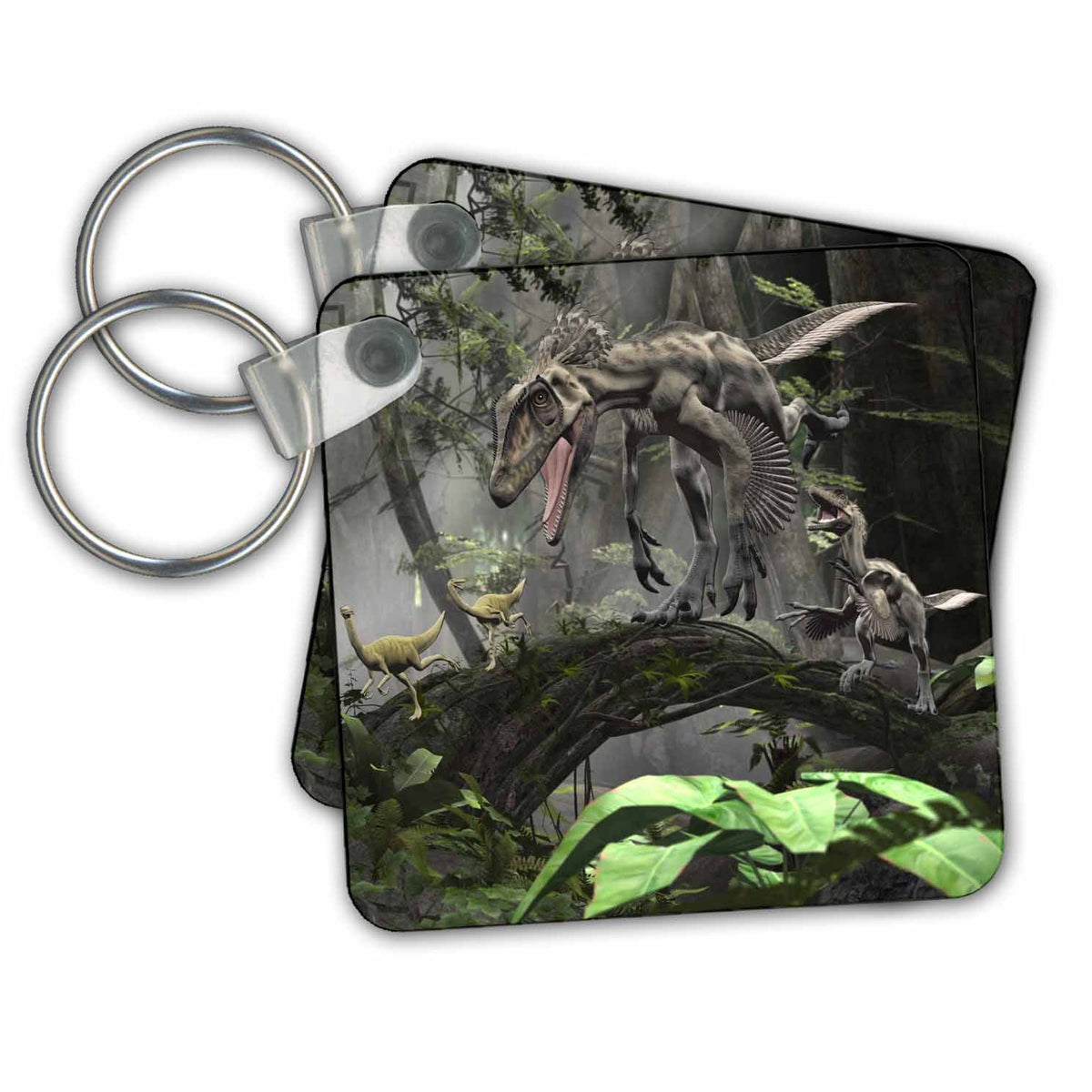 Key Chain - Deinonychus Chasing Smaller Dinosaurs in the Forest Graphics Dinosaur