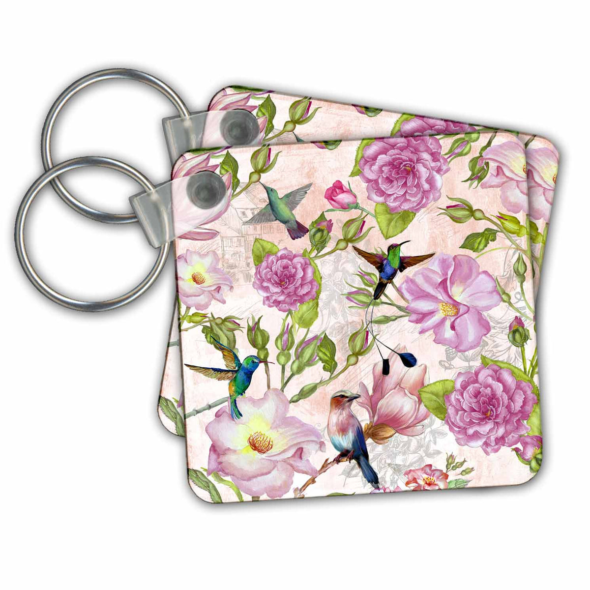 Key Chain - Victorian Vintage Pink Flower Hummingbird Pattern Pattern
