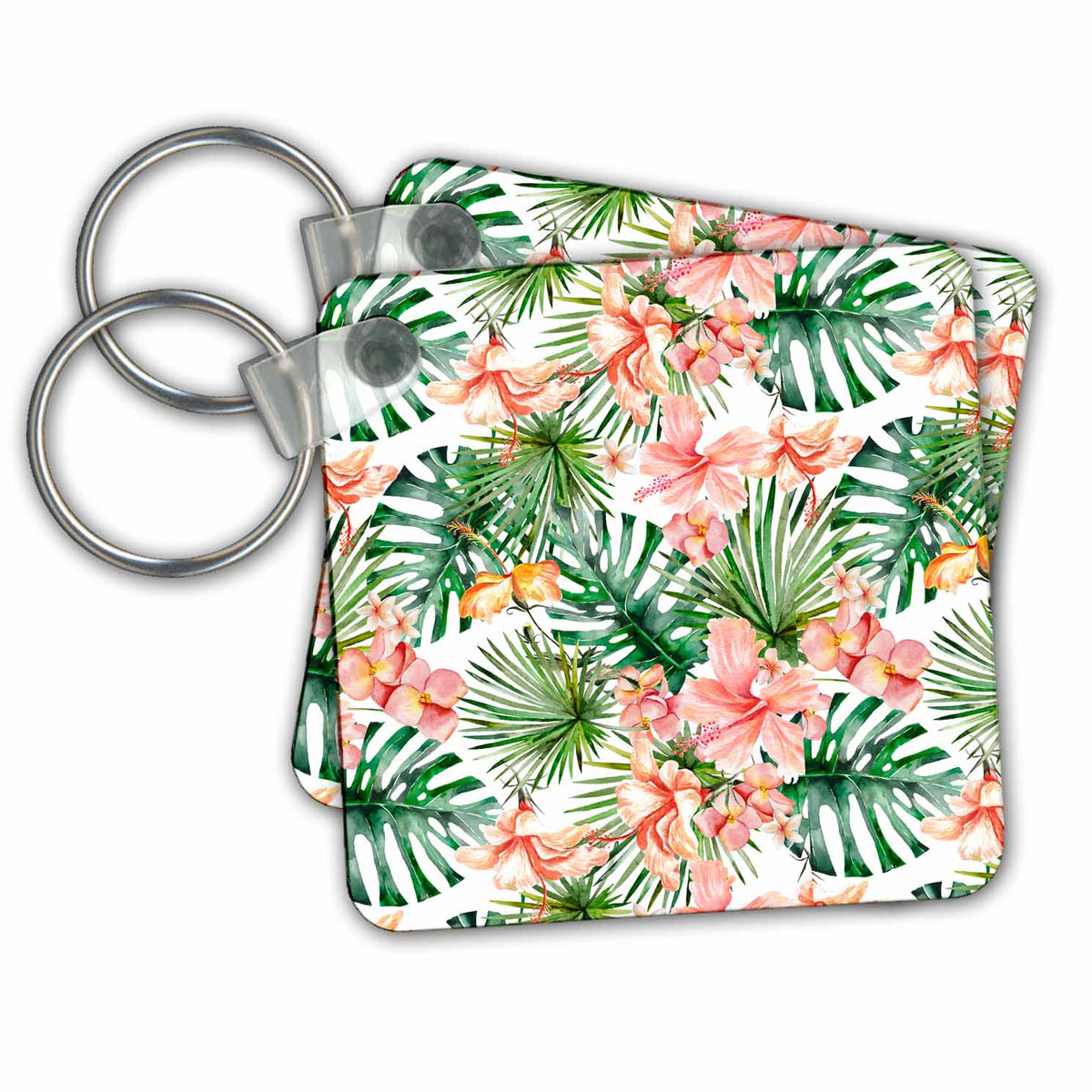 Key Chain - Aloha Hibiscus Flower Leaves Monstera Jungle Tropical Hawaii Pattern Pattern