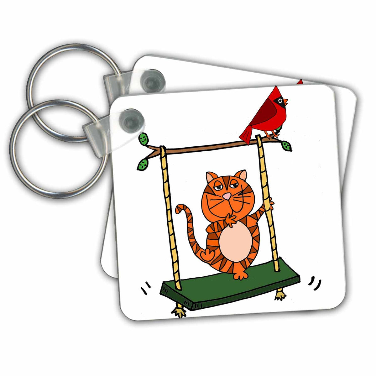 Key Chain - Funny Cool Orange Tabby Cat on Swing Cartoon Pets