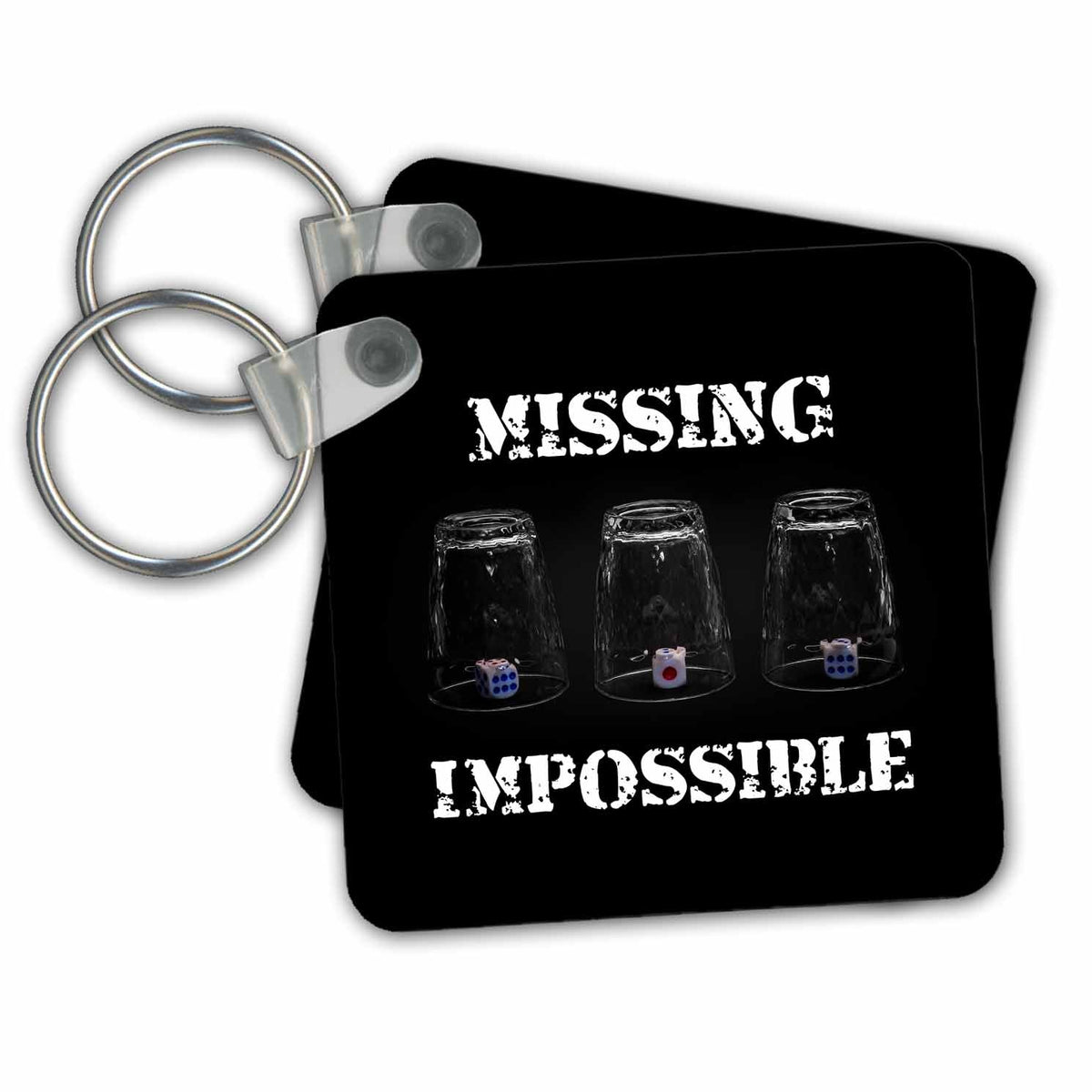 Key Chain - Three glasses with dices. Shell game. Missing Impossible Alexis Design - Funny