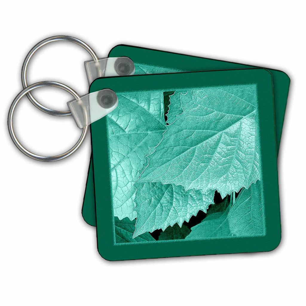 3dRose Key Chains Turquoise metallic leaves with deep teal green frame (kc-33452-1)