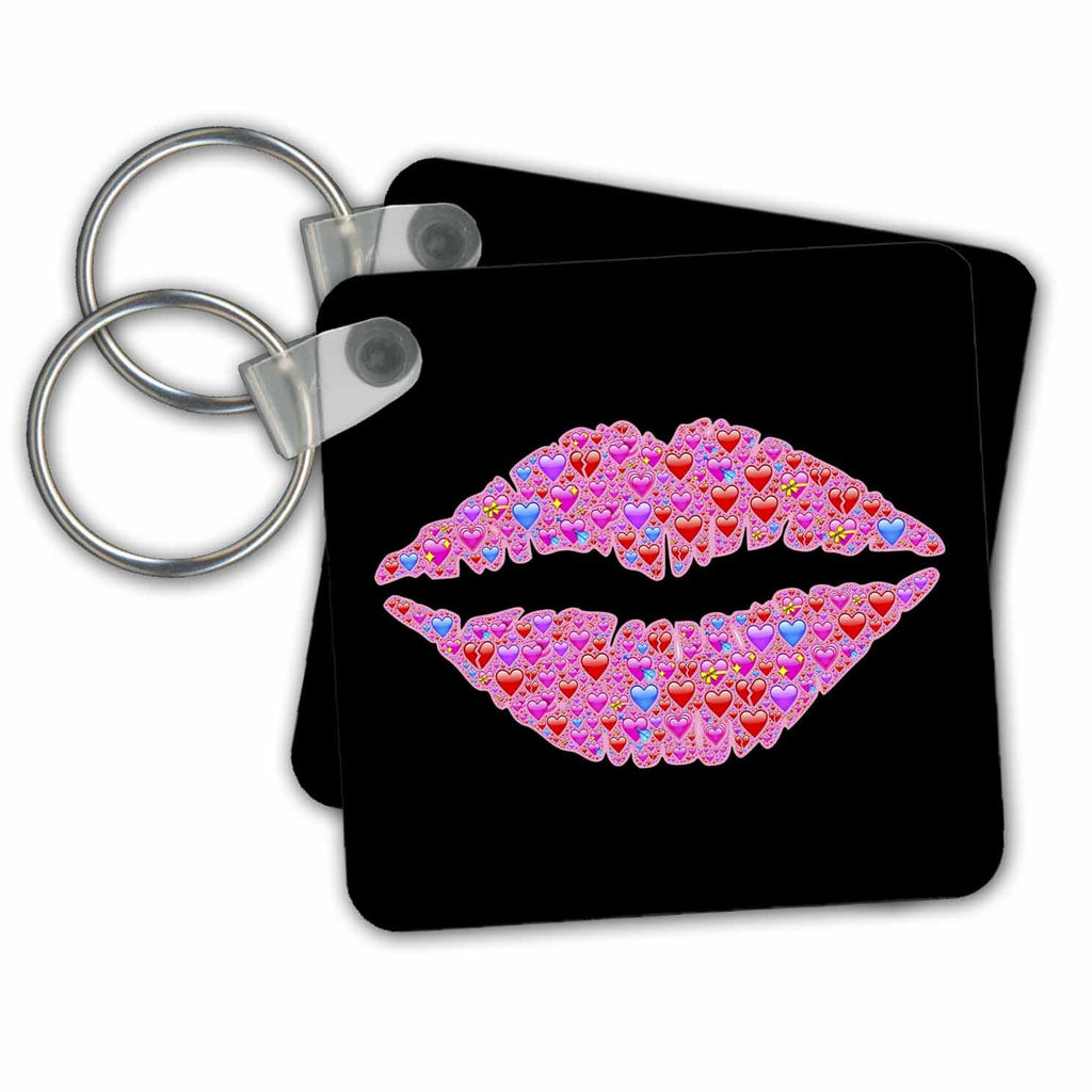 3dRose Key Chains Sexy lips. Hearts. Black background. (kc-337650-1)