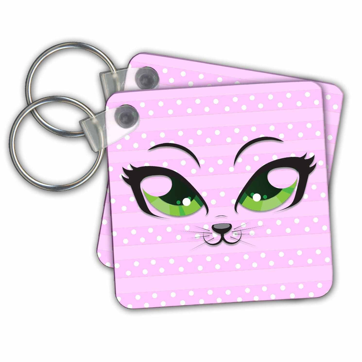 3dRose Key Chains Cat happy face. Pink polka dots. (kc-337670-1)
