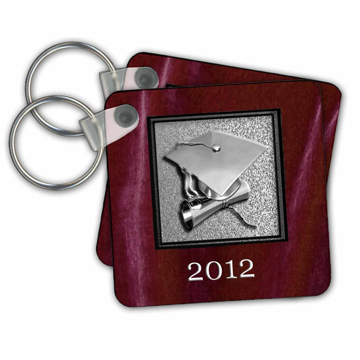 3dRose Key Chains 2012 Cap and Diploma, Graduation, Red and Silver (kc-34411-1)