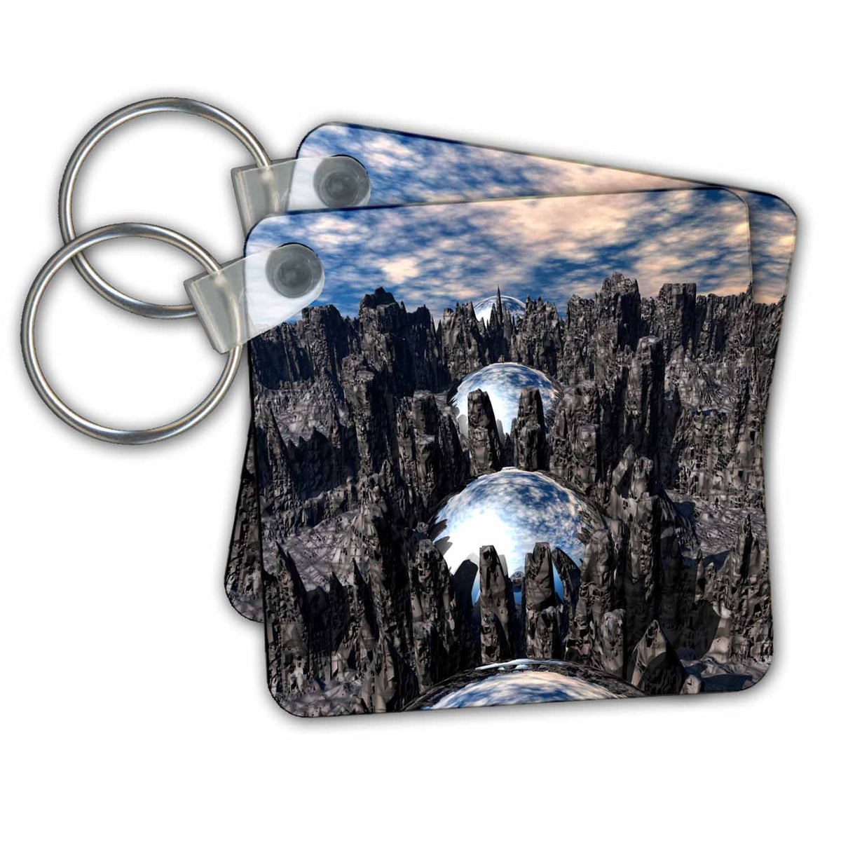 3dRose Key Chains Four reflective mysterious silver spheres embedded in rock aligned. (kc-350073-1)