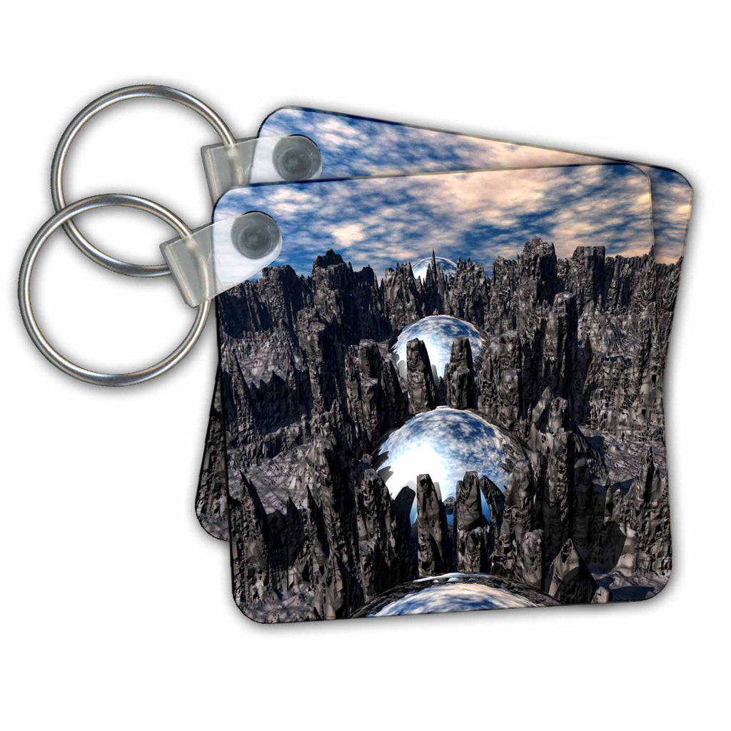 3dRose Key Chains Four reflective mysterious silver spheres embedded in rock aligned. (kc-350073-1)