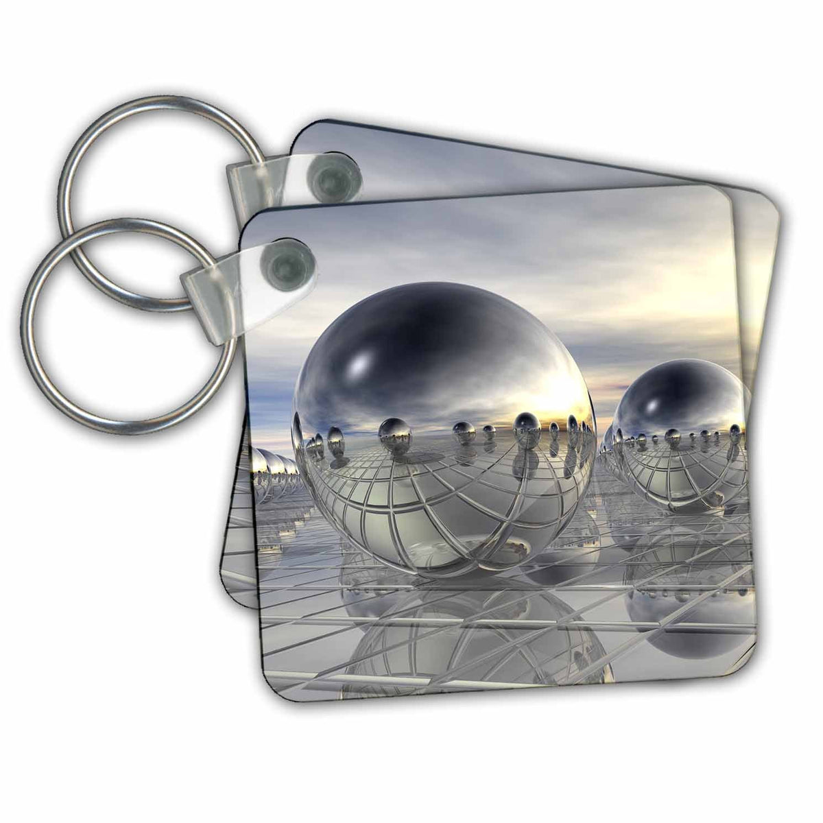 3dRose Key Chains Many geometric silver spheres on metal surface with reflections. (kc-350101-1)