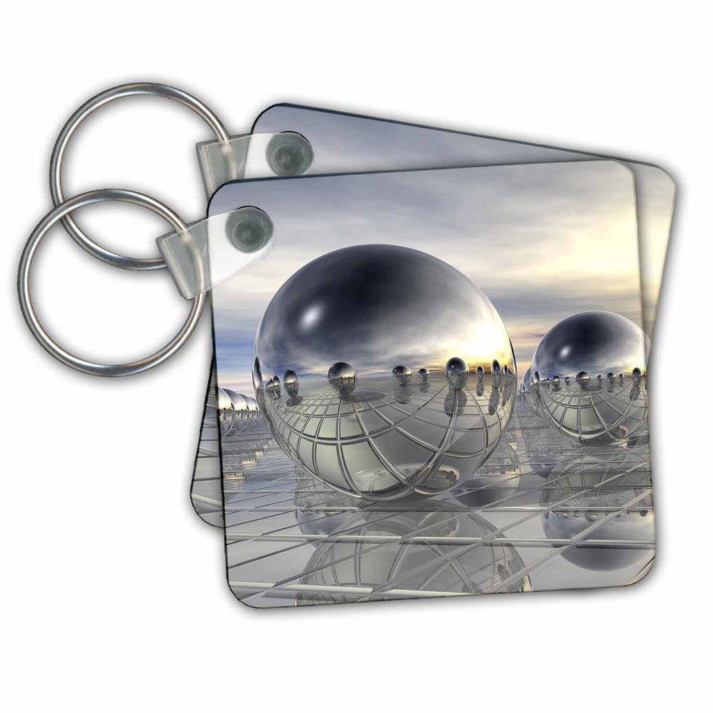 3dRose Key Chains Many geometric silver spheres on metal surface with reflections. (kc-350101-1)