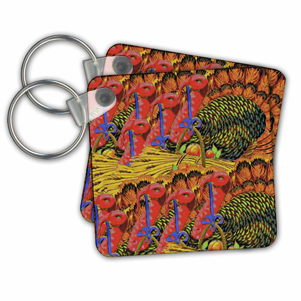 3dRose Key Chains Vintage Happy Thanksgiving Turkey Pattern (kc-36432-1)