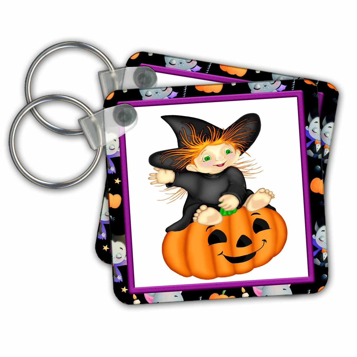 3dRose Key Chains Cute Halloween Witch Riding A Jack-O-Lantern Pumpkin (kc-369145-1)