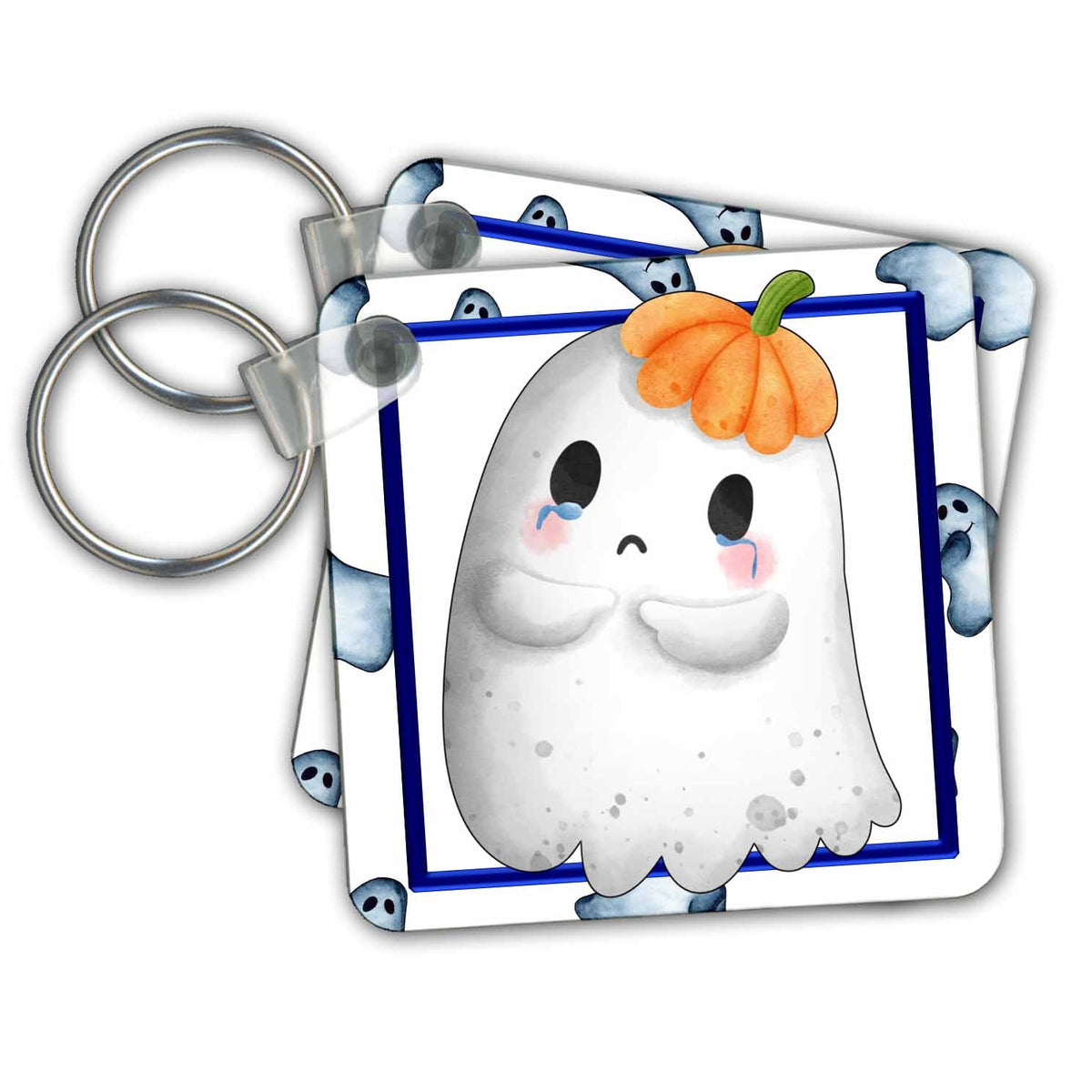3dRose Key Chains Cute Tearful Halloween Ghost With A Pumpkin Hat Design (kc-369191-1)