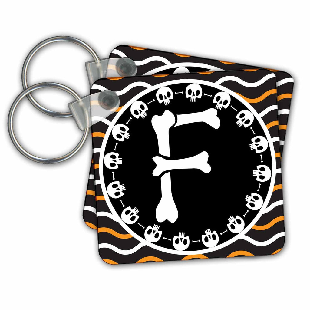 3dRose Key Chains Halloween Skulls and Bones Monogram Initial F (kc-369248-1)