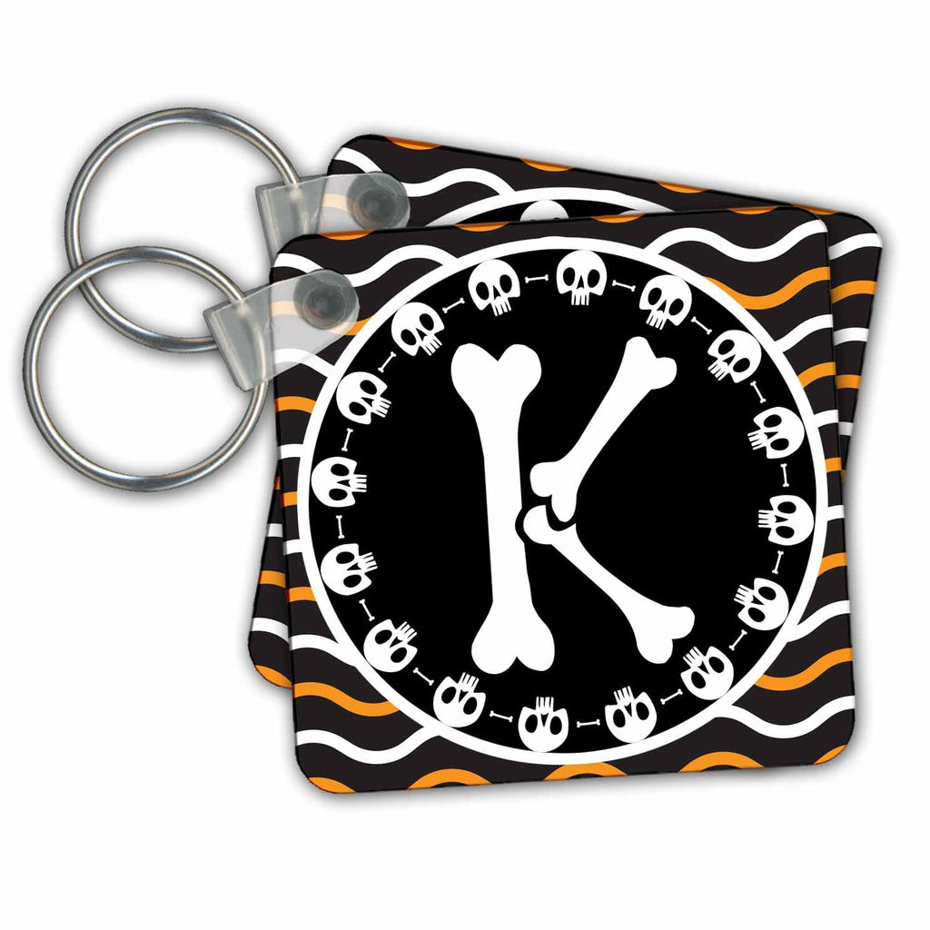 3dRose Key Chains Halloween Skulls and Bones Monogram Initial K (kc-369252-1)