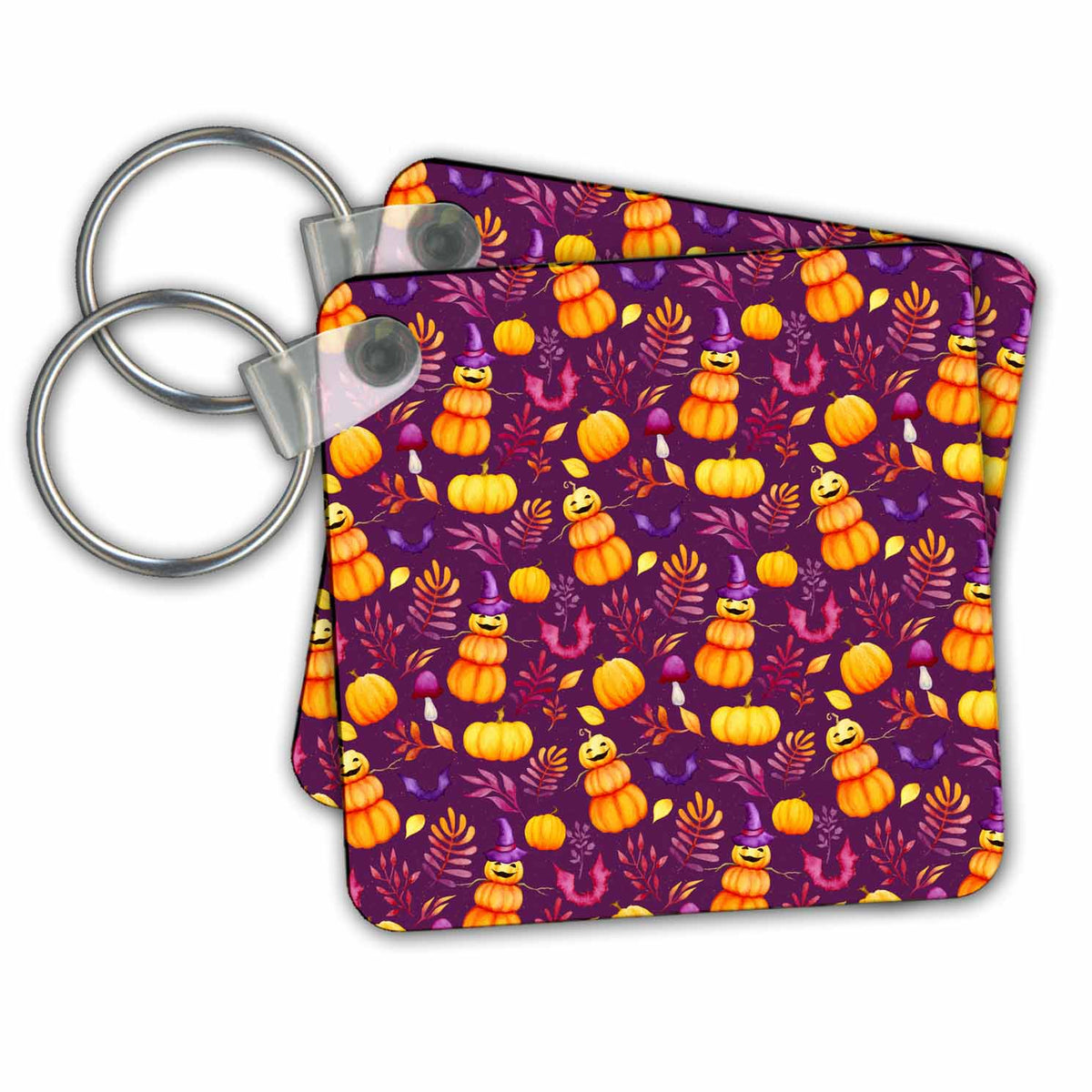 Key Chain - Cute Stacked Pumpkins and Fall Floral Pattern Halloween Patterns