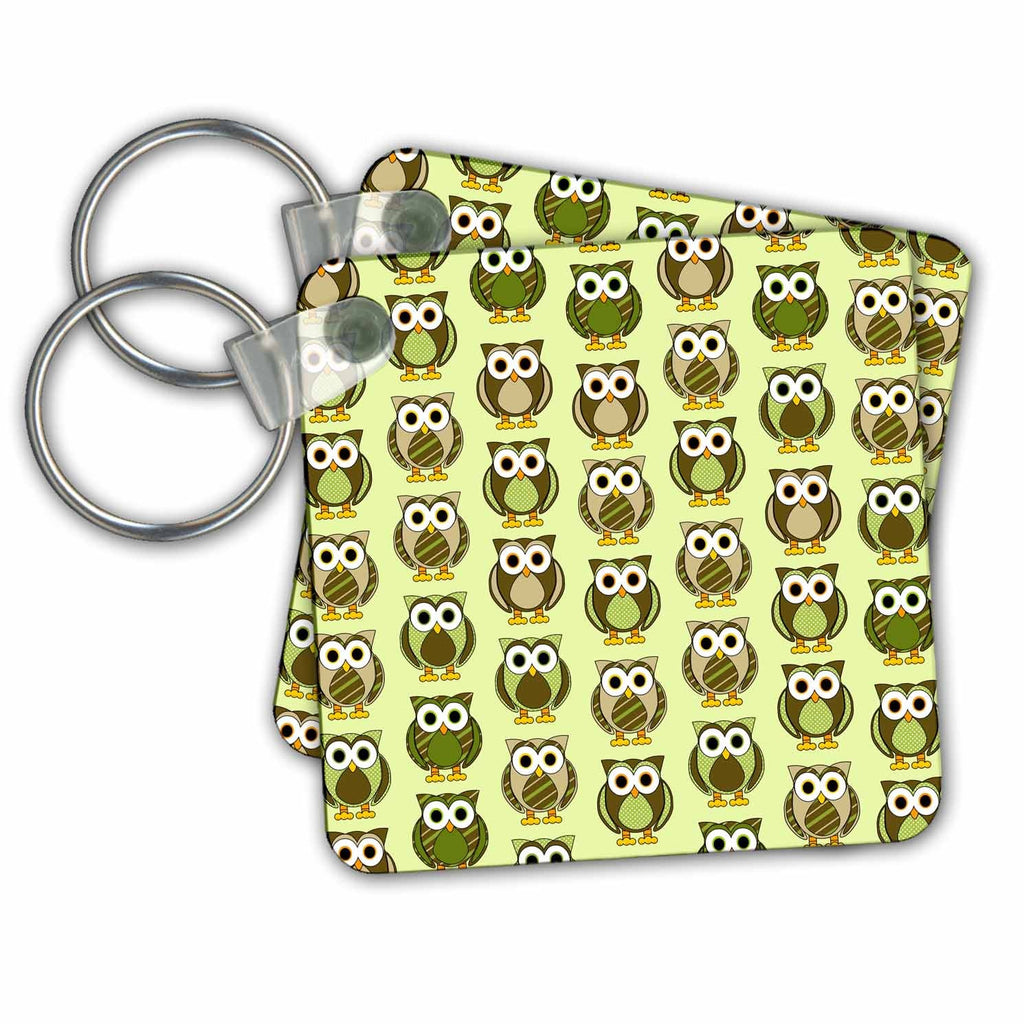 3dRose Key Chains Cute Owl Green Stripes and Dots Print (kc-57122-1)