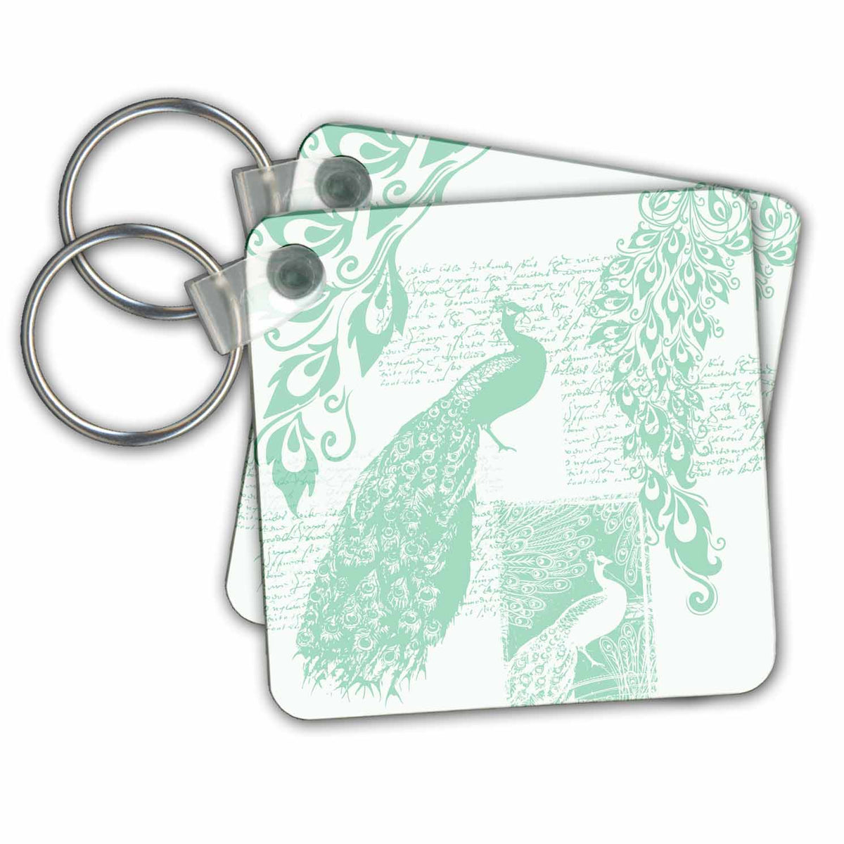 3dRose Key Chains Mint Green Vintage Peacock- Birds (kc-79134-1)