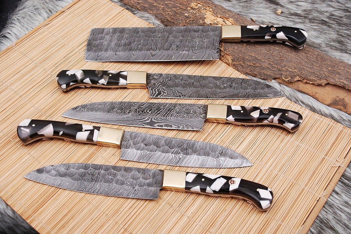 Exclusive Custom Handmade Damascus Kitchen Knife Set with Exotic Wood Handles and Twisted Pattern Blades