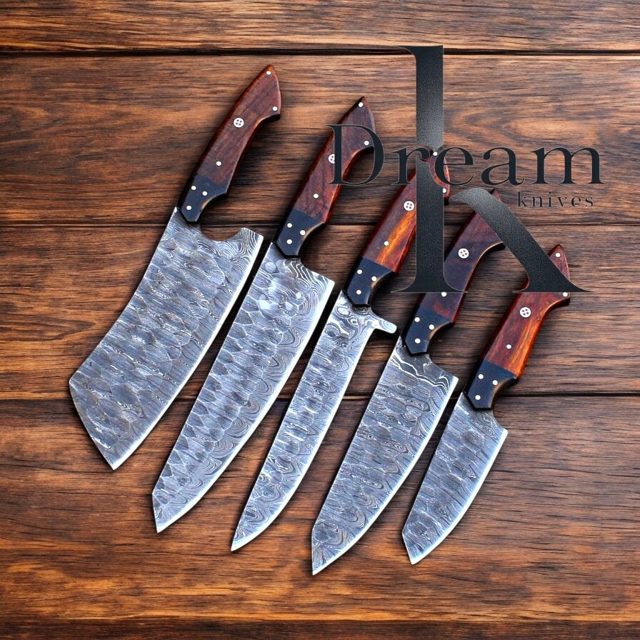 Premium Damascus Steel Cooking Knives Set with Rosewood Handle – 13 Inch