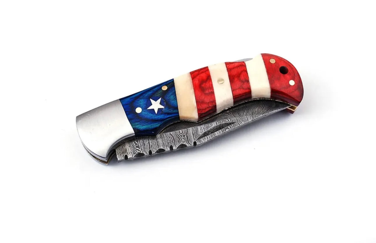 Custom Handmade Damascus Folding Knife - 3" Blade with American Flag Handle and Steel Bolster, Leather Sheath Included