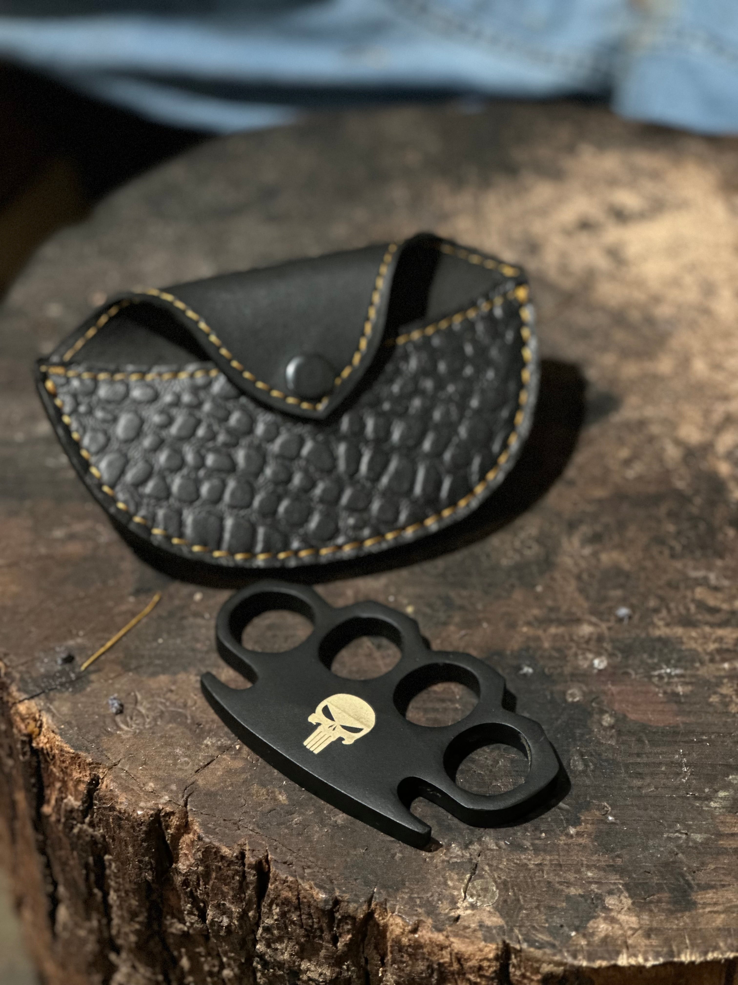 Tactical Black Steel Knuckle Duster with Brass Core & Leather Belt Case – Custom EDC Self-Defense Tool