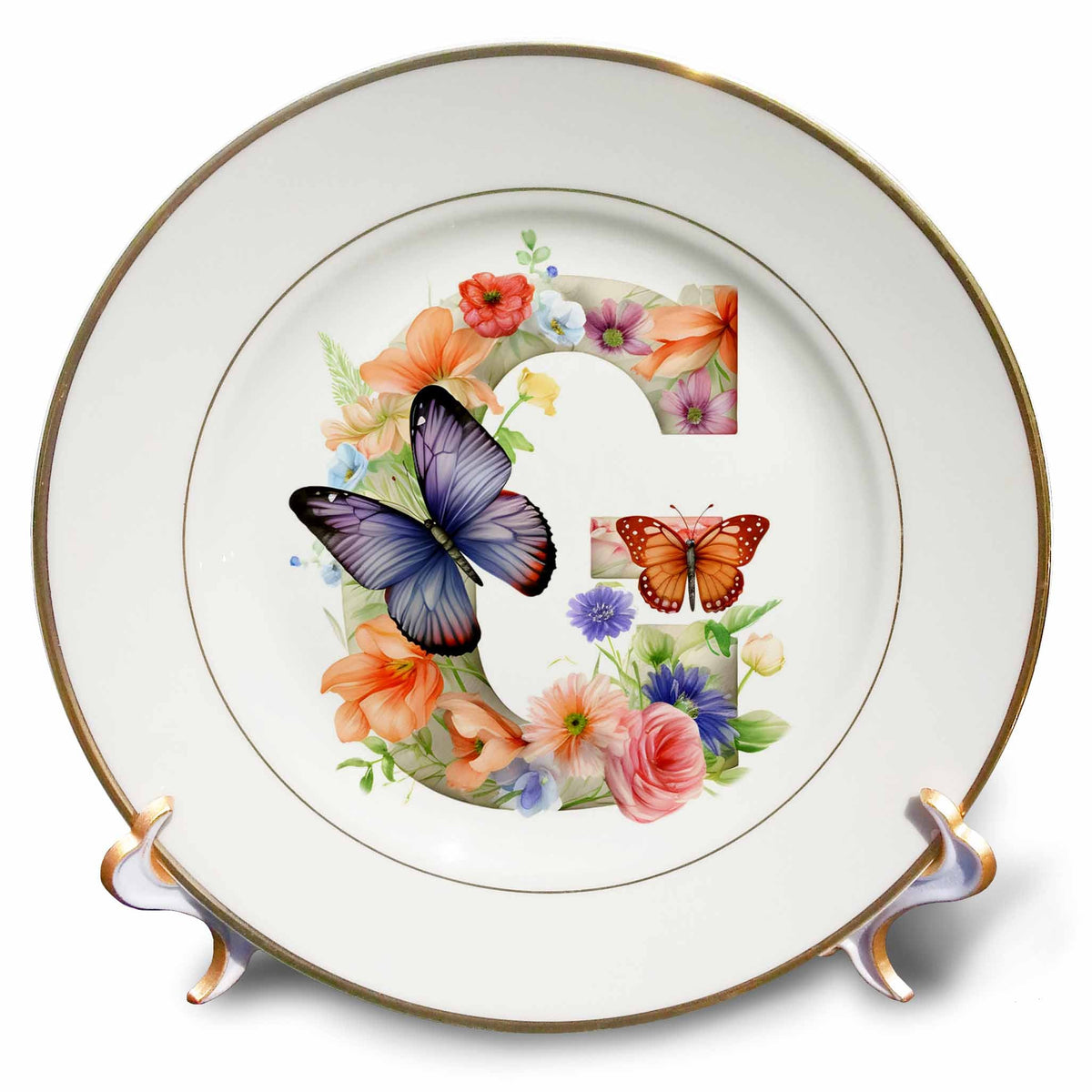 3dRose Anne Marie Baugh - Monograms - Pretty Floral Monogram Initial G - Plates (cp-382428)