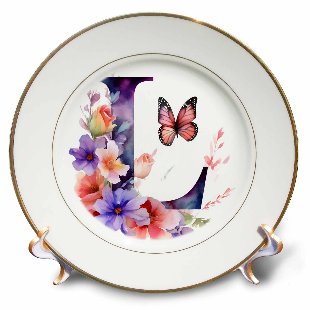 3dRose Anne Marie Baugh - Monograms - Pretty Floral Monogram Initial L - Plates (cp-382432)