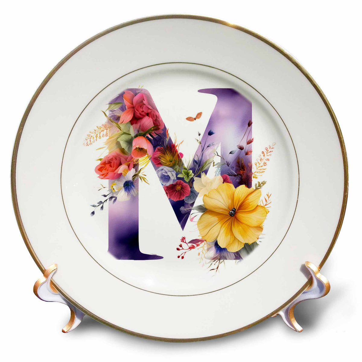 3dRose Anne Marie Baugh - Monograms - Pretty Floral Monogram Initial M - Plates (cp-382433)