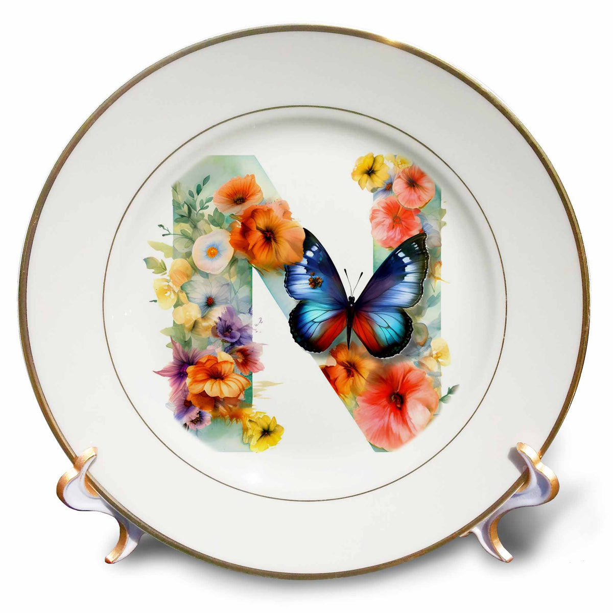 3dRose Anne Marie Baugh - Monograms - Pretty Floral Monogram Initial N - Plates (cp-382434)