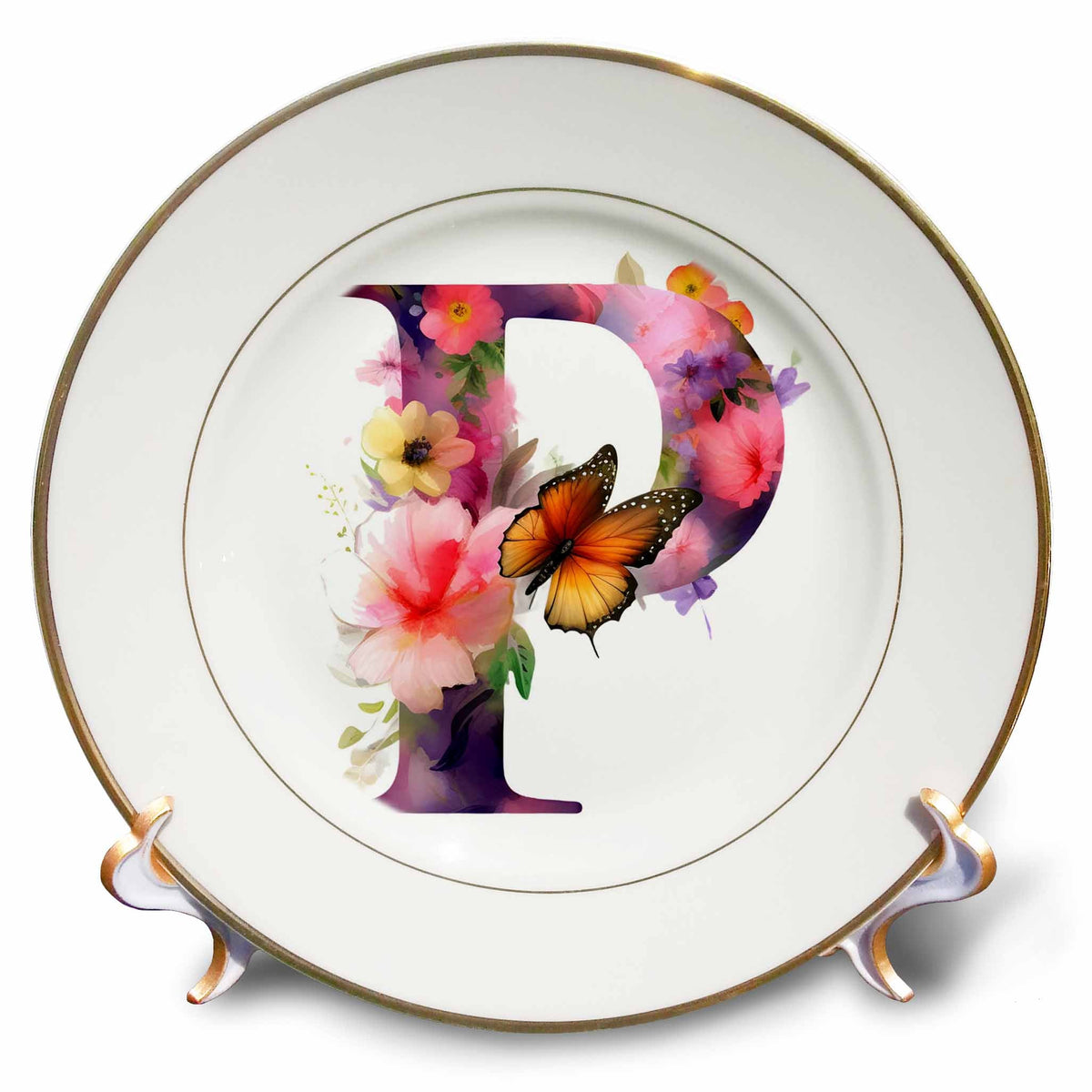 3dRose Anne Marie Baugh - Monograms - Pretty Floral Monogram Initial P - Plates (cp-382435)