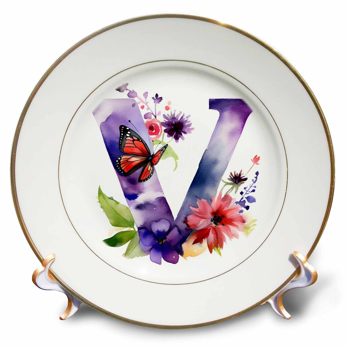3dRose Anne Marie Baugh - Monograms - Pretty Floral Monogram Initial V - Plates (cp-382439)