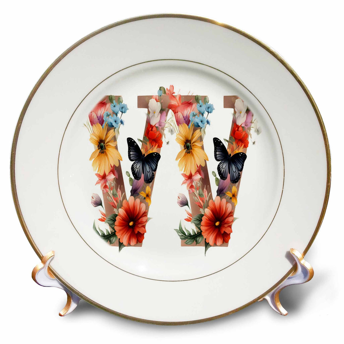 3dRose Anne Marie Baugh - Monograms - Pretty Floral Monogram Initial W - Plates (cp-382440)