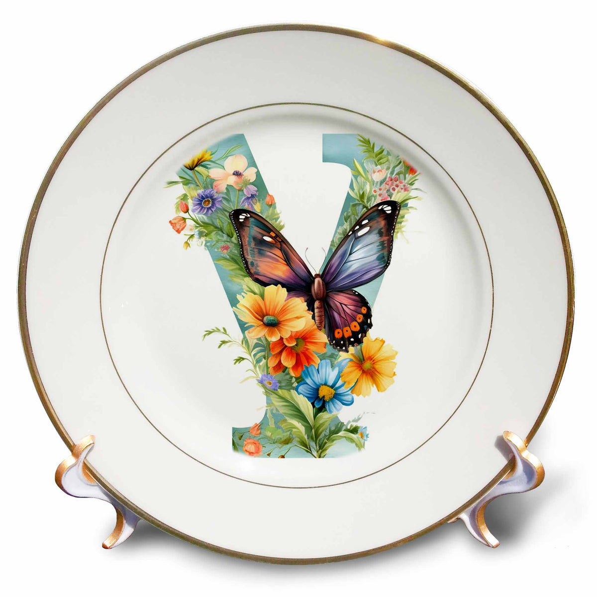 3dRose Anne Marie Baugh - Monograms - Pretty Floral Monogram Initial Y - Plates (cp-382441)