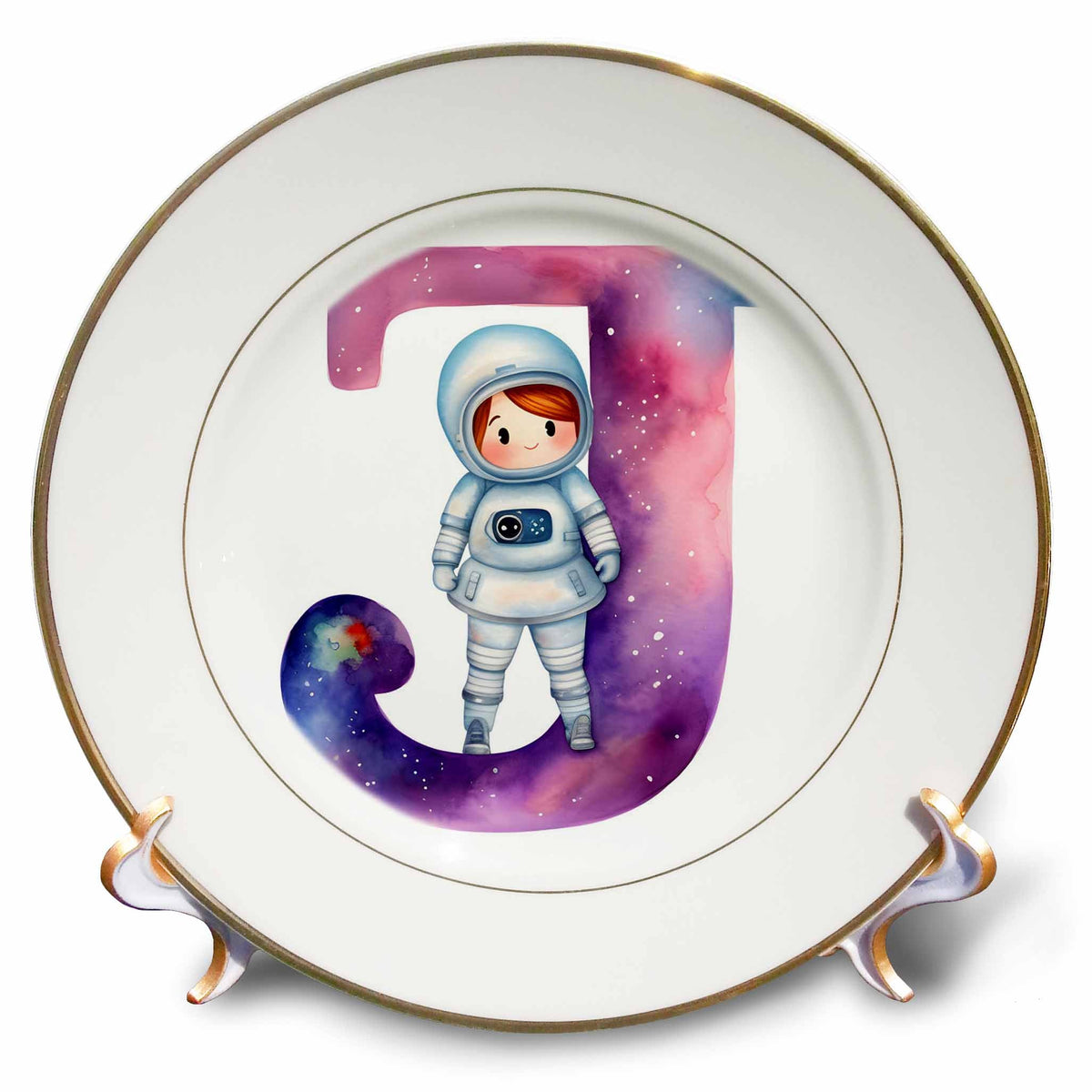 3dRose Anne Marie Baugh - Monograms - Cute Astronaut Monogram Initial J - Plates (cp-382450)