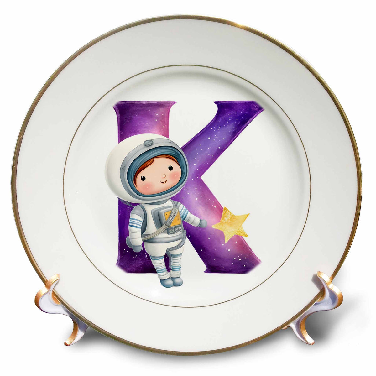 3dRose Anne Marie Baugh - Monograms - Cute Astronaut Monogram Initial K - Plates (cp-382451)