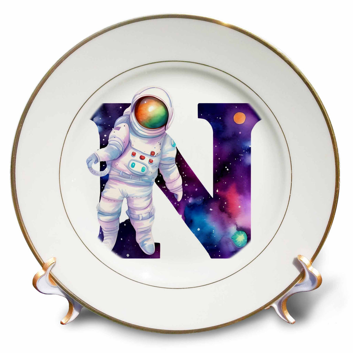 3dRose Anne Marie Baugh - Monograms - Cute Astronaut Monogram Initial N - Plates (cp-382454)