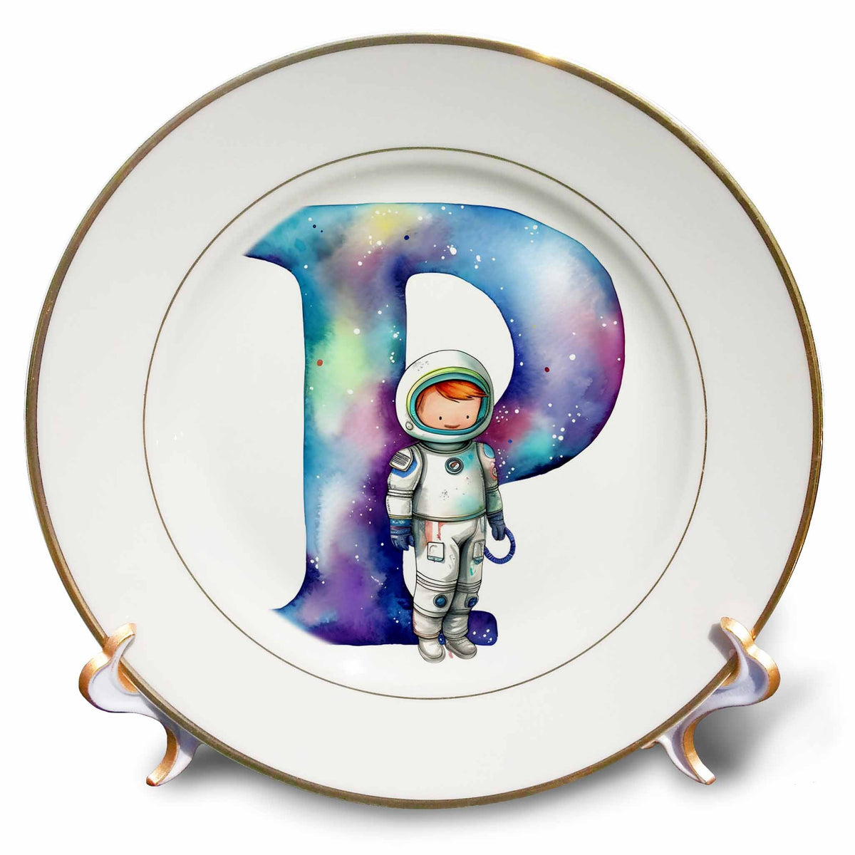 3dRose Anne Marie Baugh - Monograms - Cute Astronaut Monogram Initial P - Plates (cp-382455)