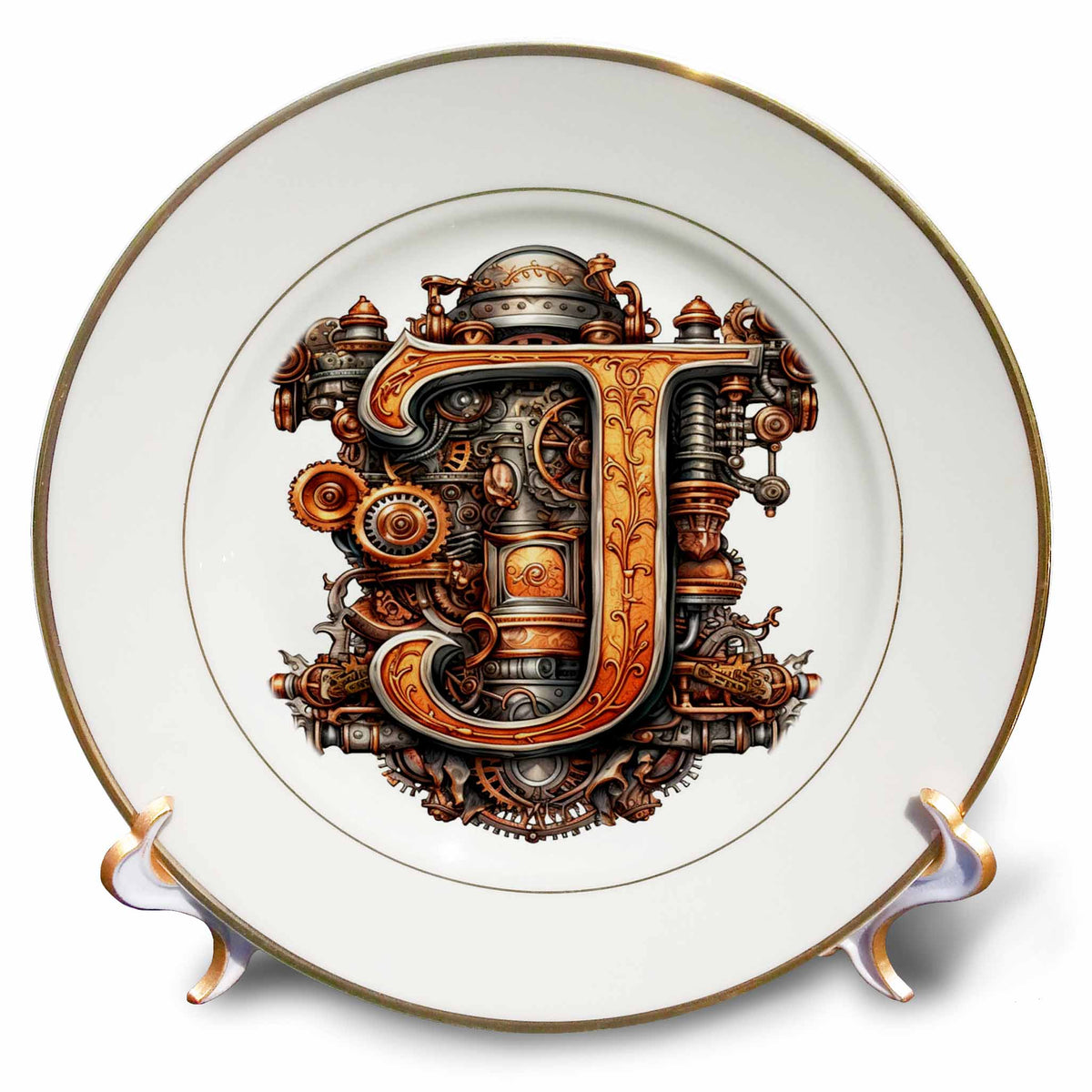3dRose Anne Marie Baugh - Monograms - Steampunk Monogram Initial J - Plates (cp-382510)