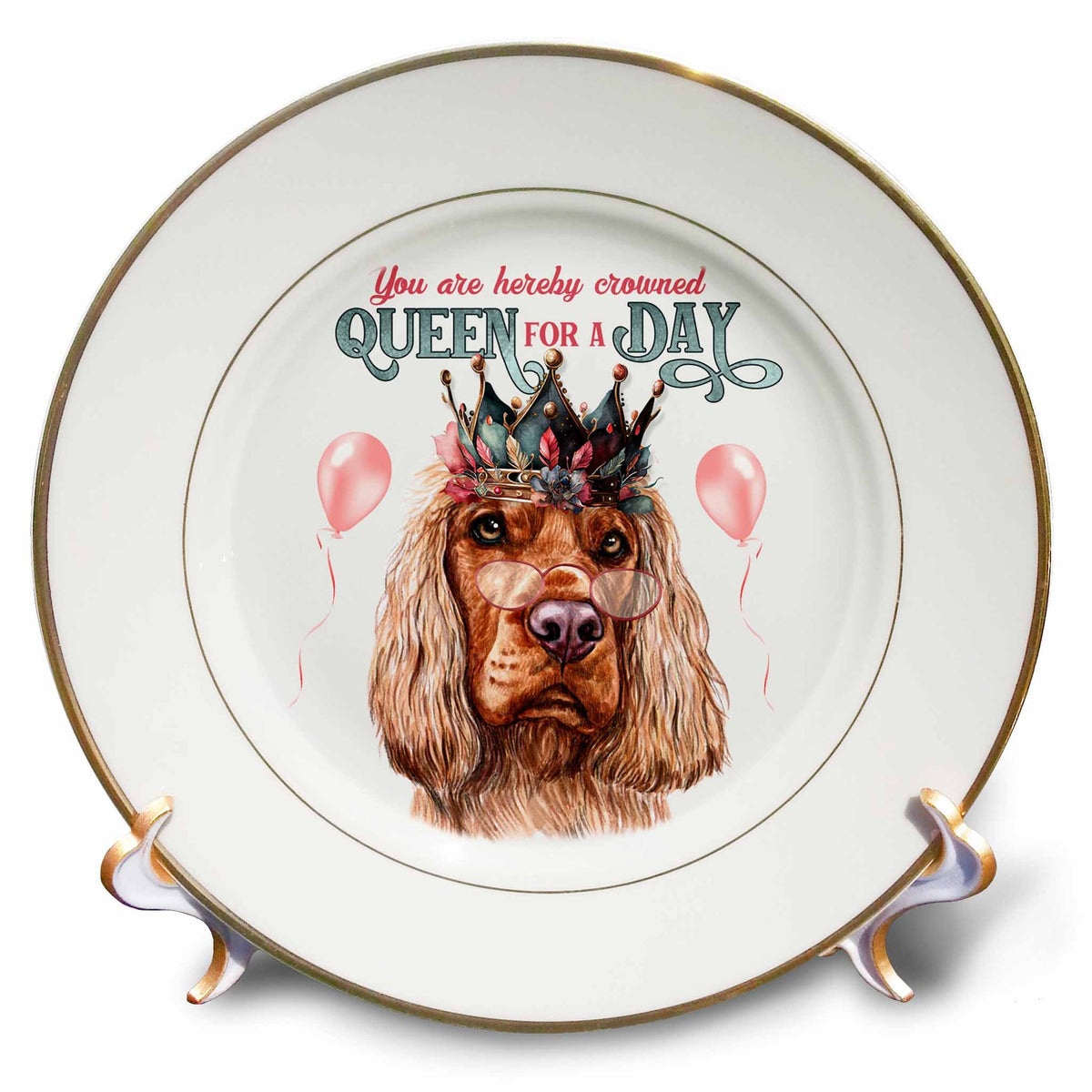 3dRose Cocker Spaniel Dog Wearing a Crown Queen for a Day Theme - Plates (cp-382692)