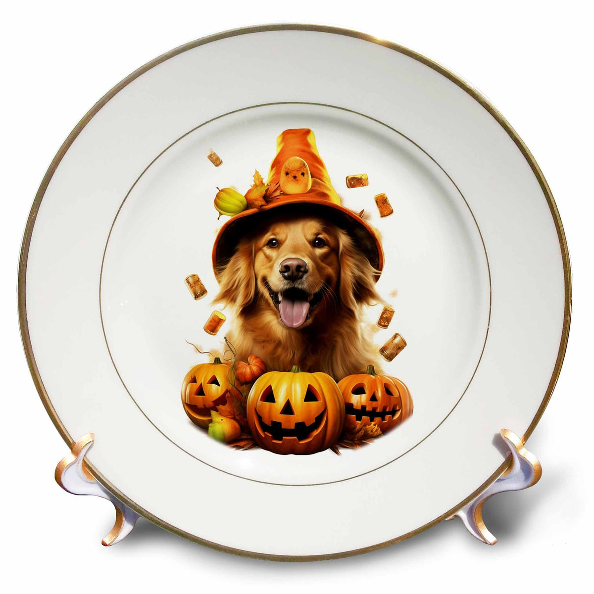 3dRose Halloween Golden Retriever Dressed as a Magic Wizard - Plates (cp-382905)