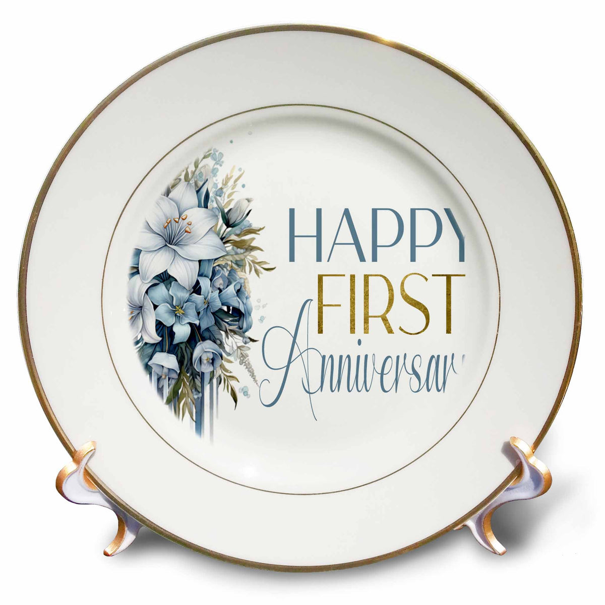 3dRose Pretty Blue Floral Happy First Anniversary - Plates (cp-383017)