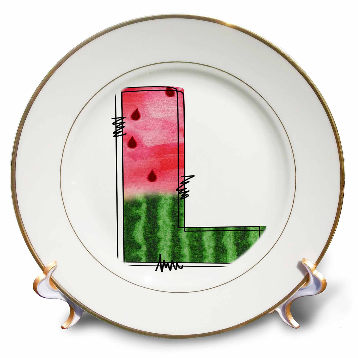 3dRose Anne Marie Baugh - Monograms - Cute Watermelon Monogram L - Plates (cp-383096)