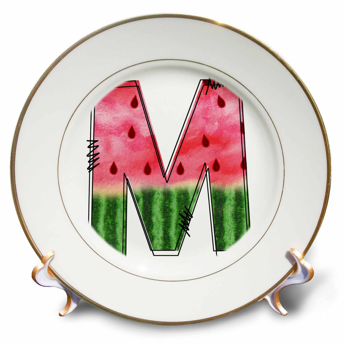 3dRose Anne Marie Baugh - Monograms - Cute Watermelon Monogram M - Plates (cp-383097)