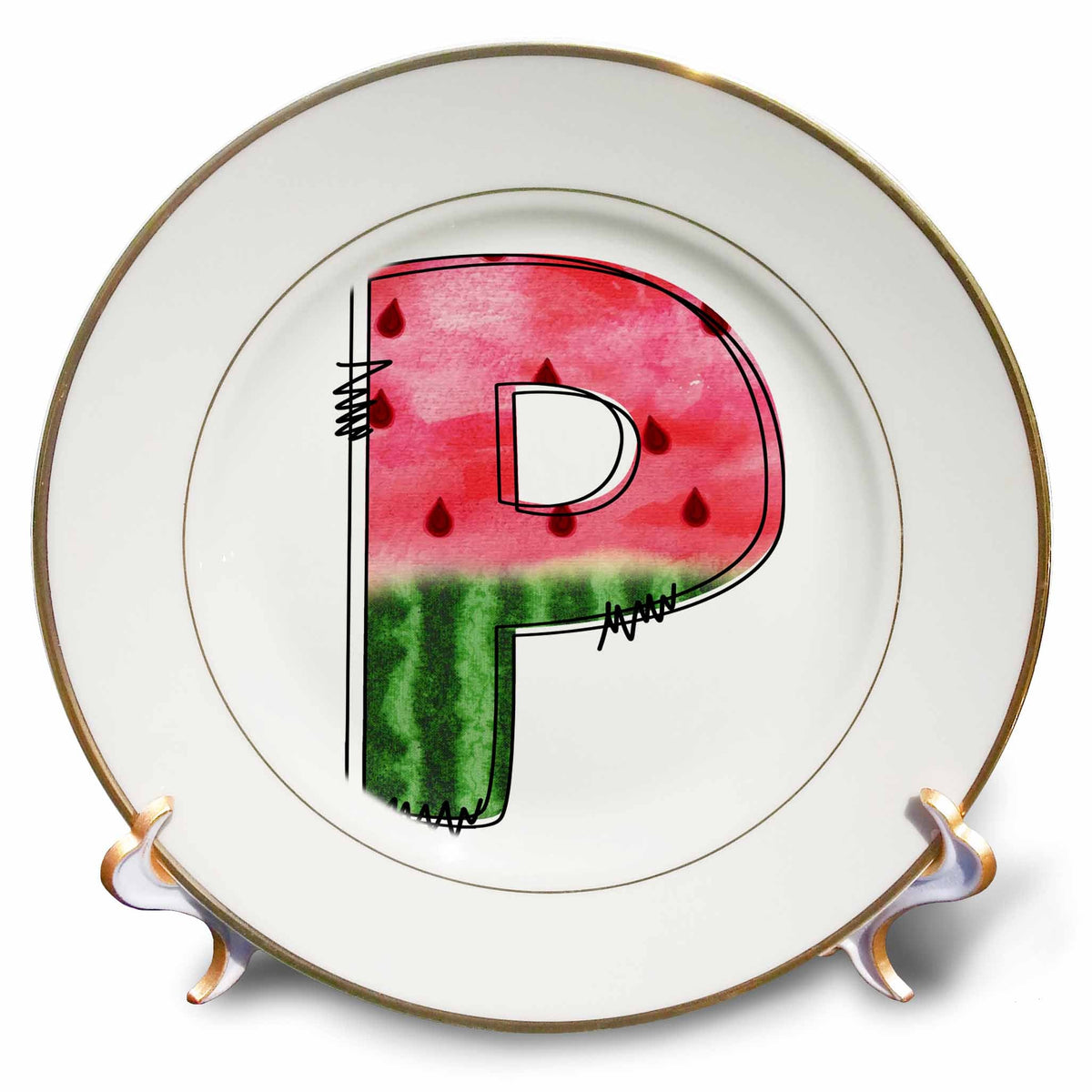 3dRose Anne Marie Baugh - Monograms - Cute Watermelon Monogram P - Plates (cp-383099)