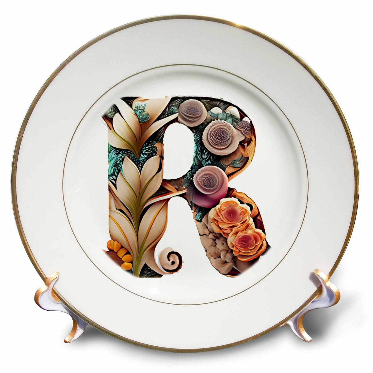 3dRose Anne Marie Baugh - Monograms - Boho Floral Monogram Initial R - Plates (cp-383742)