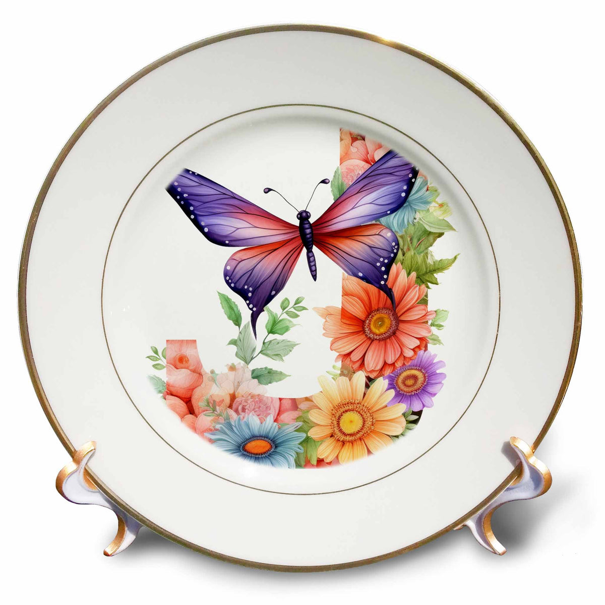 3dRose Pretty Pastel Floral Insect Monogram Initial J - Plates (cp-383756)