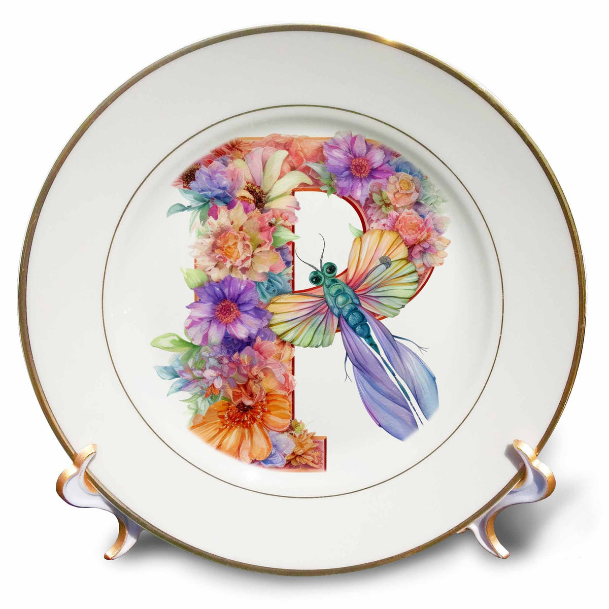 3dRose Pretty Pastel Floral Insect Monogram Initial P - Plates (cp-383761)