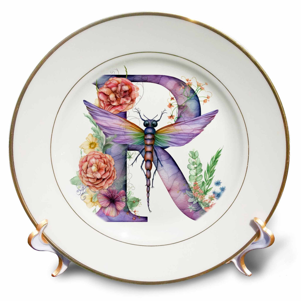 3dRose Pretty Pastel Floral Insect Monogram Initial R - Plates (cp-383762)