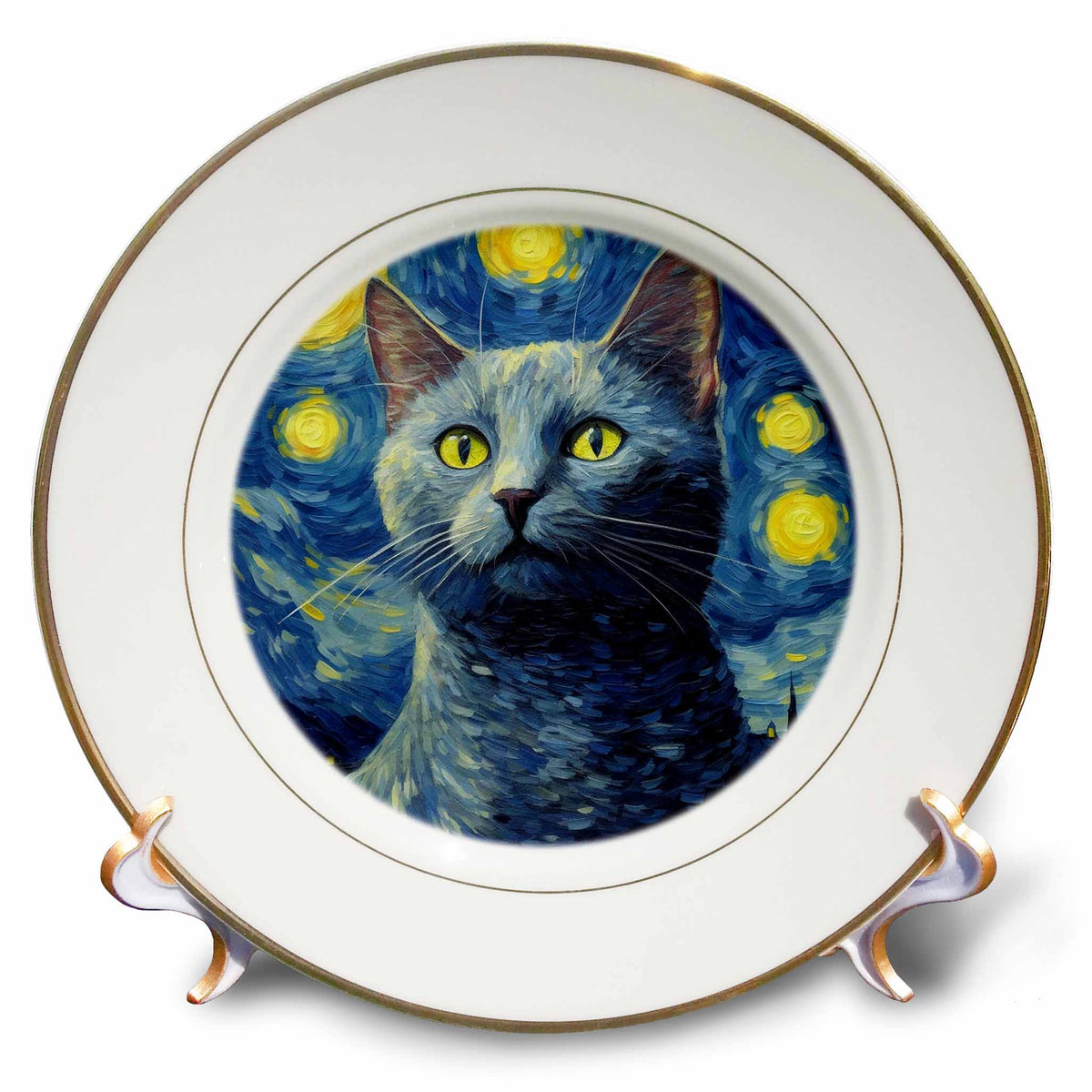 3dRose Russian Blue cat portrait in Post-Impressionism style - Plates (cp-383839)