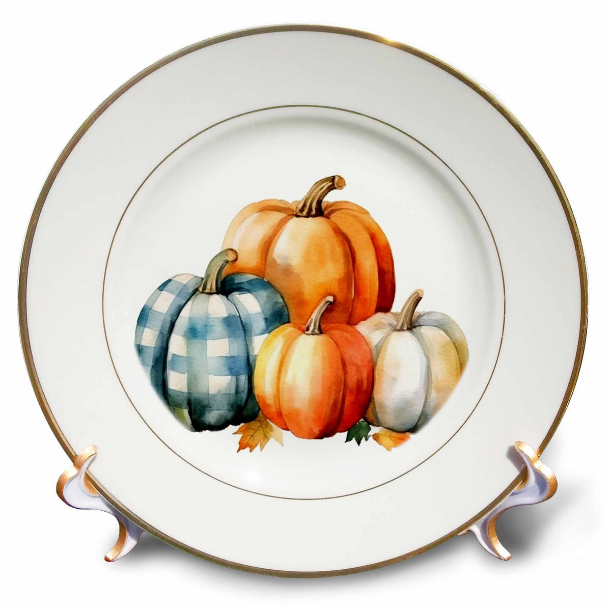3dRose Cute Plaid and Orange Pumpkin Illustration - Plates (cp-384105)